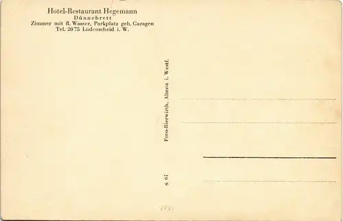 Ansichtskarte Dünnebrett-Lüdenscheid Hotel Restaurant Hegemann 1953