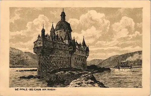 Ansichtskarte Kaub Burg Pfalzgrafenstein, Künstlerkarte Federzeichnung 1926
