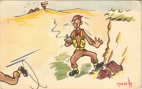 Ansichtskarte  Militär Scherzkarte Soldat allein in der Wüste 1959