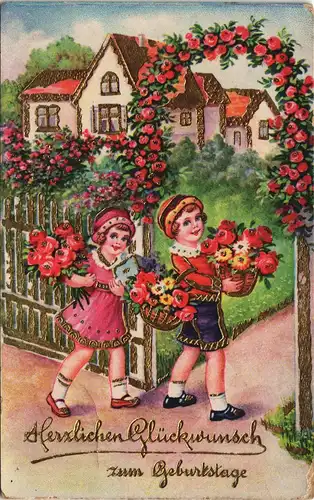 Ansichtskarte  Geburtstag Kinder mit Rosen Goldprägekarte 1913 Goldrand