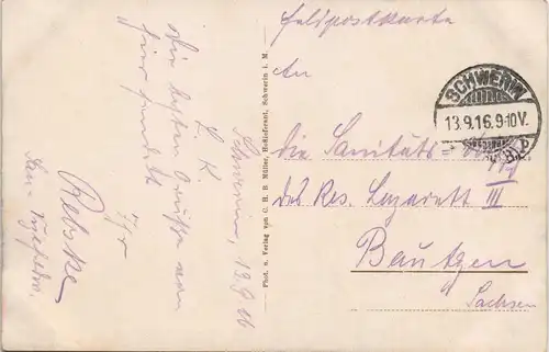 Schwerin Blick über die Stadt auf das Schloß gel. Feldpost 1916