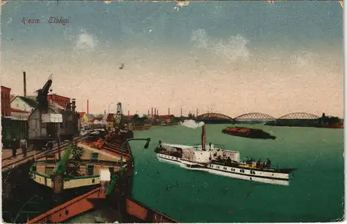 Ansichtskarte Gröba-Riesa Hafen, Dampfer - Elbkai 1918