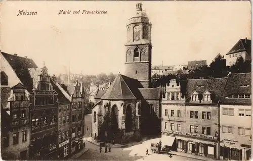 Ansichtskarte Meißen Marktplatz, Frauenkirche und Geschäfte 1917