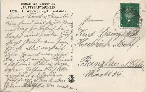 Ansichtskarte Ansprung-Marienberg im Erzgebirge Hüttstadtmühle 1928
