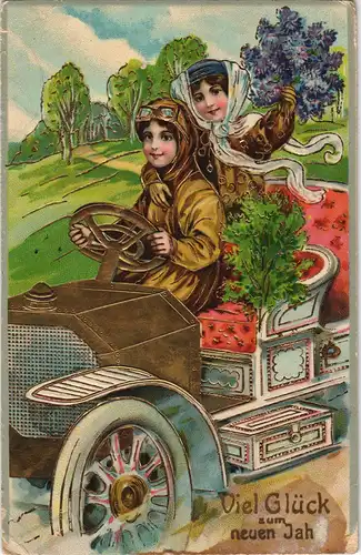 Ansichtskarte  Neujahr/Sylvester Auto Kinder Goldpräge-Karte 1911 Goldrand