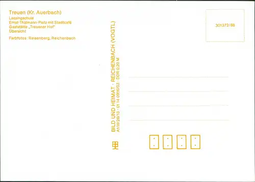 Treuen (Vogtland) Lessingschule Thälmann-Platz mit Stadtcafé, Gaststätte  1988