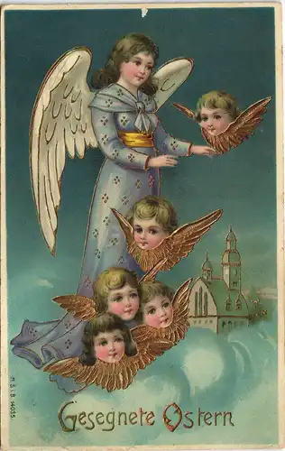 Ansichtskarte  gesegnete Ostern Engel Gold-Prägekarte 1912 Goldrand