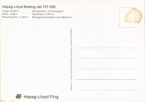 Ansichtskarte  Hapag-Lloyd Boeing-Jet 727-200 Flugzeuge - Boeing 1988