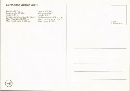 Ansichtskarte  Lufthansa Airbus A310 Flugzeug 1984