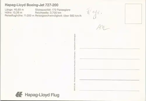 Ansichtskarte  Flugzeug Motiv-AK Hapag-Lloyd Boeing-Jet 727-200 1980