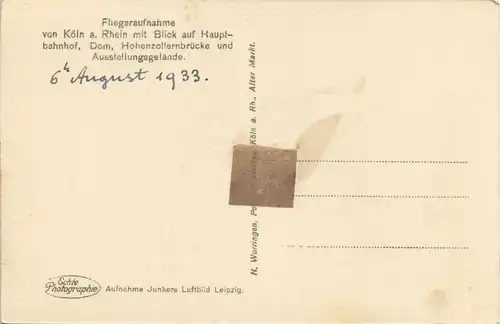Ansichtskarte Köln Fliegeraufnahme mit Blick auf Haupt-Bahnhof u. Dom 1933