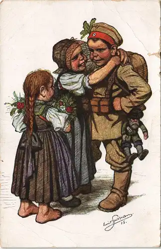 Ansichtskarte  Kind als Soldat verlässt Familie - Künstlerkarte 1917