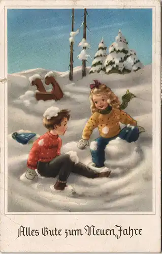 Ansichtskarte  Kinder spielen im Schnee Neujahr Künstlerkarte 1956