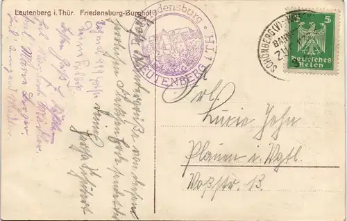 Leutenberg Friedensburg Burghof 1925   gelaufen mit Bahnpost (Bahnpoststempel)
