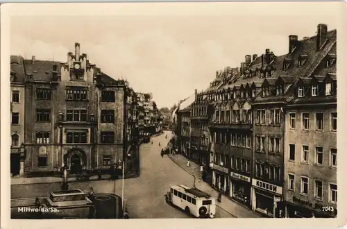 Ansichtskarte Mittweida Stadtteilansichte, Geschäfte, alter Bus 1940