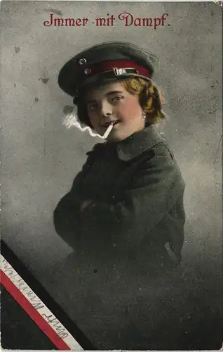 Immer mit Dampf, Junge rauchend in Uniform 1916   gel deutsche Feldpost