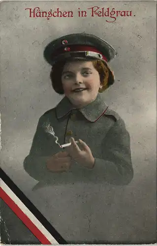 Hänschen in Feldgrau Kind-Soldat rauchend 1916   gel deutsche Feldpost