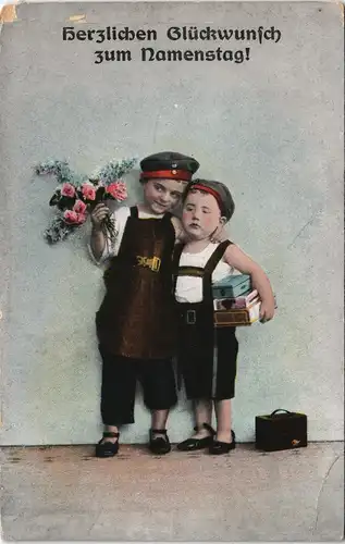 Ansichtskarte  Herzlichen Glückwunsch Namenstag! Sich umarmende Kinder 1910