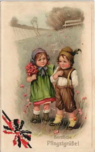 Junge und Mädchen - Pfingsten Patriotika Prägekarte 1915 Prägekarte