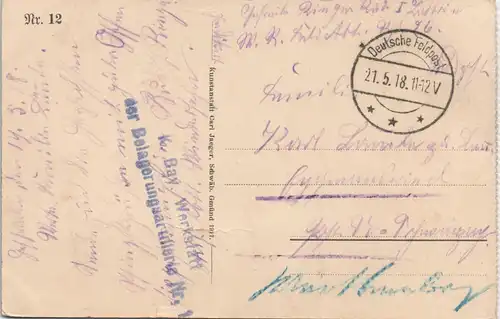 Feldpostkarte 1. WK Zerstörter Ort 1918/  Deutsche Feldpost (Stempel)