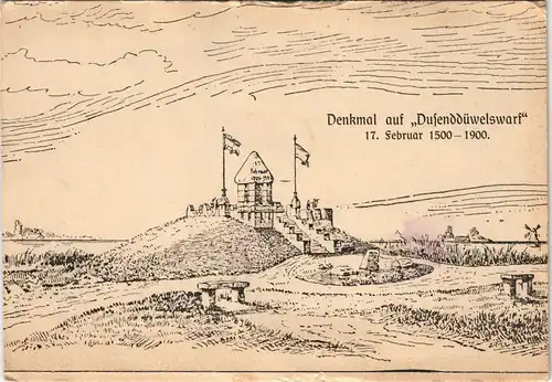 Ansichtskarte Meldorf Denkmal auf „Dusenddüwelswarf“ Künstlerkarte 1900