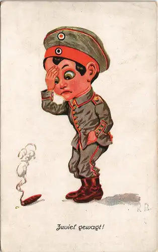 Ansichtskarte  Militaria Künstlerkarte KInd als Soldat - Zuviel gewagt 1917