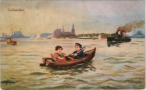 Ansichtskarte  Künstlerkarte "Liebesfahrt" Kinder in Ruderboot 1921