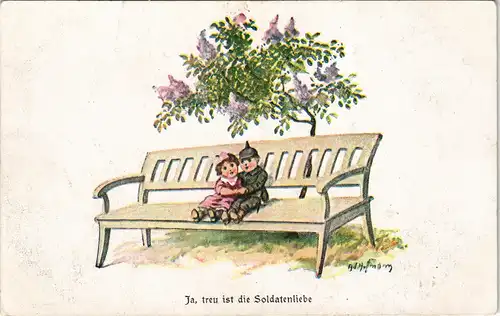 Künstlerkarte "Ja, treu ist die Soldatenliebe" Kinder auf übergroßer Bank 1918