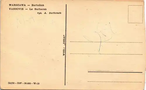 Postcard Warschau Warszawa Barbaken - Künstlerkarte 1952