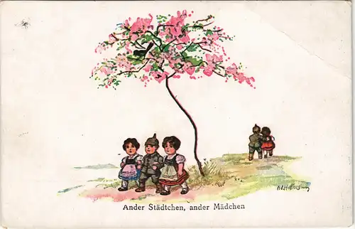 "Ander Städtchen, ander Mädchen" Künstlerkarte mit Kindern 1915