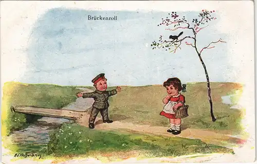 Feldpostkarte 1. WK "Brückenzoll" 1917   gel  als dt. Feldpost (Blind-Stempel)