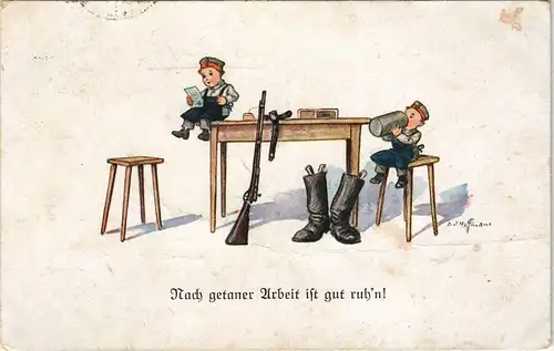 Feldpostkarte 1. WK "Nach getaner Arbeit" 1917    Feldpost (Blind-Stempel)