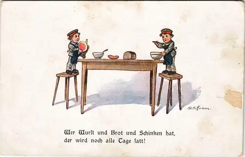 Künstlerkarte Kinder in Militär-Uniform "Wurst und Brot und Schinken....." 1915
