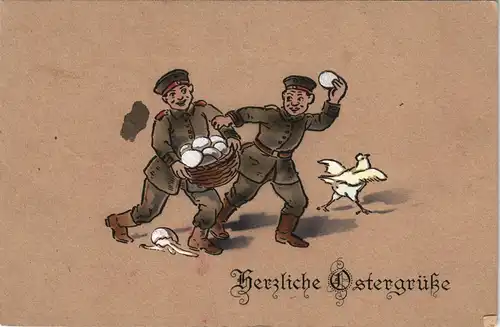 Künstlerkarte Militär Ostergruß Soldaten mit Eiern 1915    Feldpost