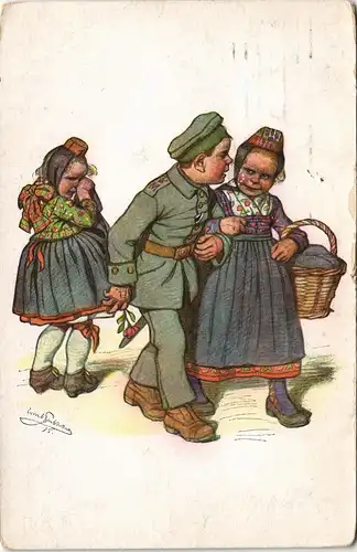 Ansichtskarte  Junge als Soldat zwei Mädchen Militaria Künstlerkarte 1916
