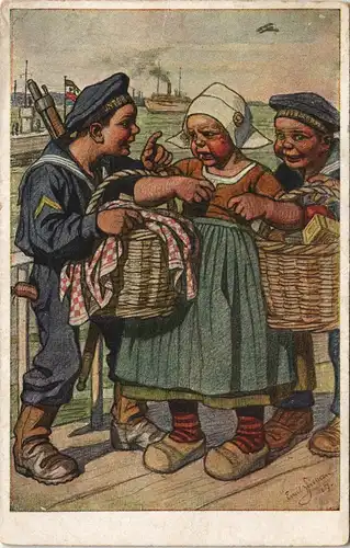Ansichtskarte  zwei Jungen als Soldaten - Mädchen Künstlerkarte 1916