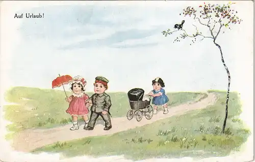 Ansichtskarte  Auf Urlaub! Militär/Propaganda 1.WK Kinder als Soldaten 1915
