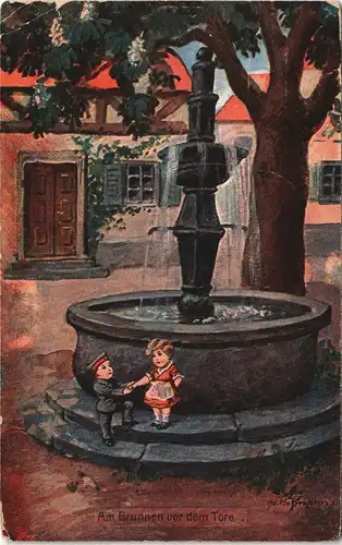 Militär Scherzkarten Kinder als Soldaten am Brunnen vor dem Tore 1919
