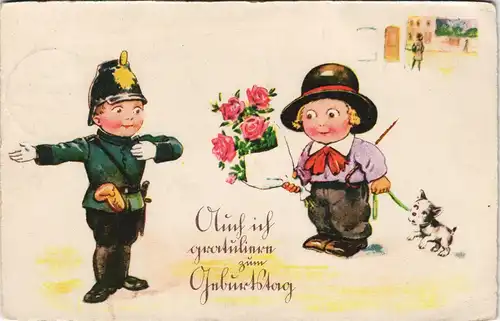 Glückwunsch/Grußkarten: Geburtstag Kinder Polizist und Junge 1932