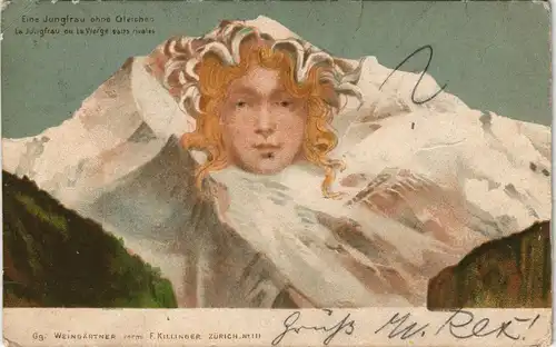 Grindelwald Jungfrau ohne Gleichen - Künstlerkarte Frauengesicht 1905