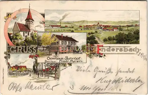 Ansichtskarte Litho AK Endersbach-Weinstadt Fabrik, Gasthaus Bahnhof 1904