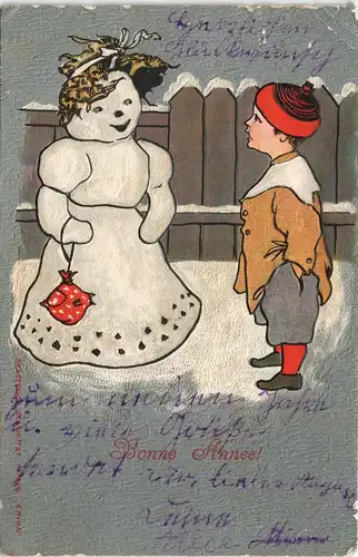 Glückwunsch - Neujahr/Sylvester Schneemann und Junge Reliefkarte 1902 Prägekarte