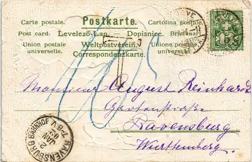 Glückwunsch - Neujahr/Sylvester Schneemann und Junge Reliefkarte 1902 Prägekarte