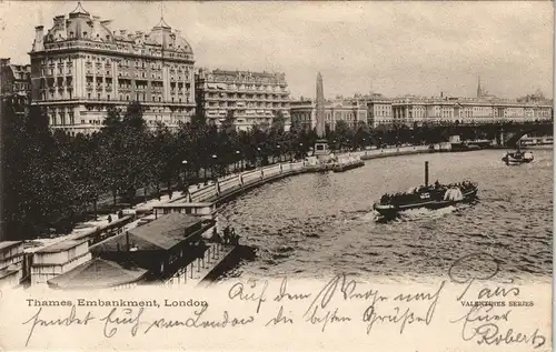 Postcard London Thames Embankmant - Dampfer Steam boat 1912