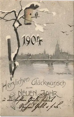 Frankfurt am Main Silouette der Stadt Neujahr - Künstlerkarte 1904