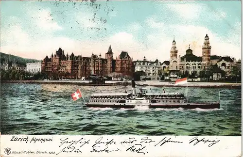 Ansichtskarte Zürich Alpenquai Dampfer 1905