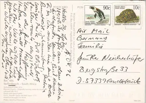 Stellenbosch   Multi-View Postcard 1996 frankiert mit Tier-Motiv-Briefmarken