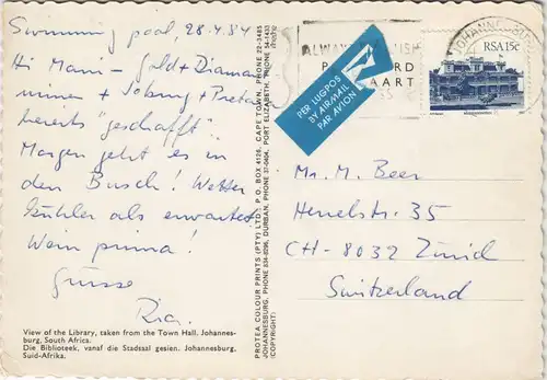 Postcard Johannesburg View of the Library, taken from Town Hall 1984