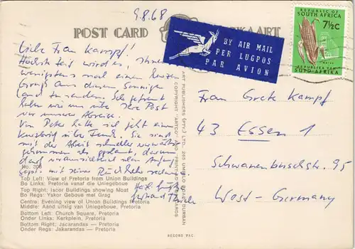 Postcard Pretoria Tshwane MB Gebäude gel. Air Mail 1968