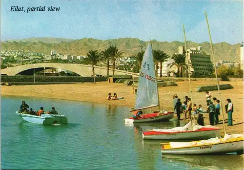 Eilat אילת Eilat, partial view, Teilansicht mit Booten am Strand 1975